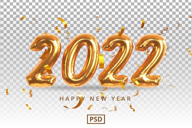 PSD gelukkig nieuwjaar 2022 gouden teksteffect met confetti