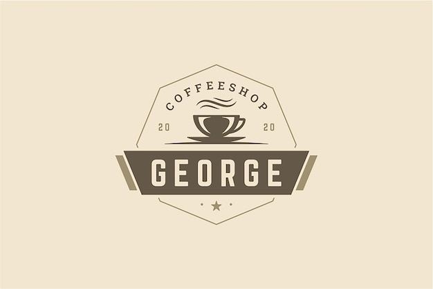 PSD geometric coffeeshop logo design template hot aroma beverage cup with festive ribbon