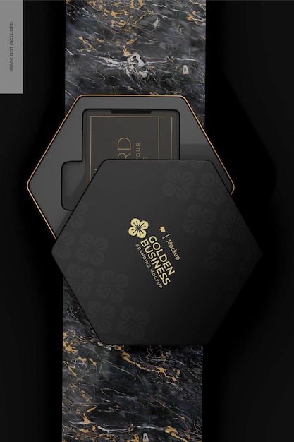 PSD gift card with golden box mockup top view