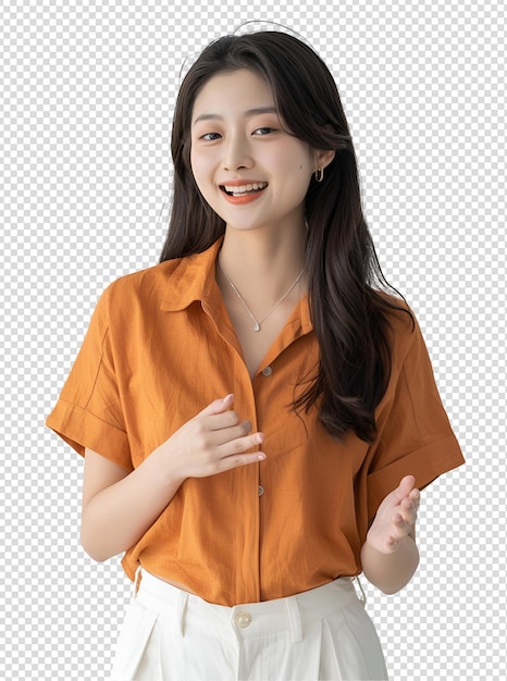 PSD a girl wearing an orange shirt with a smile on her face