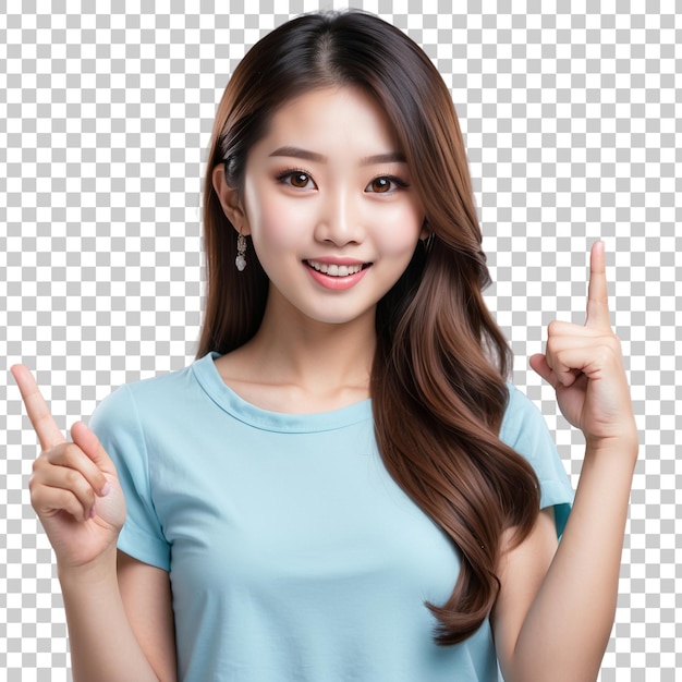 PSD a girl with a blue shirt that says she is wearing a blue shirt isolated on transparent background