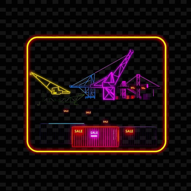 PSD glowing neon industrial yard in a silhouette rectangle with cranes outlined in neon and glowing con