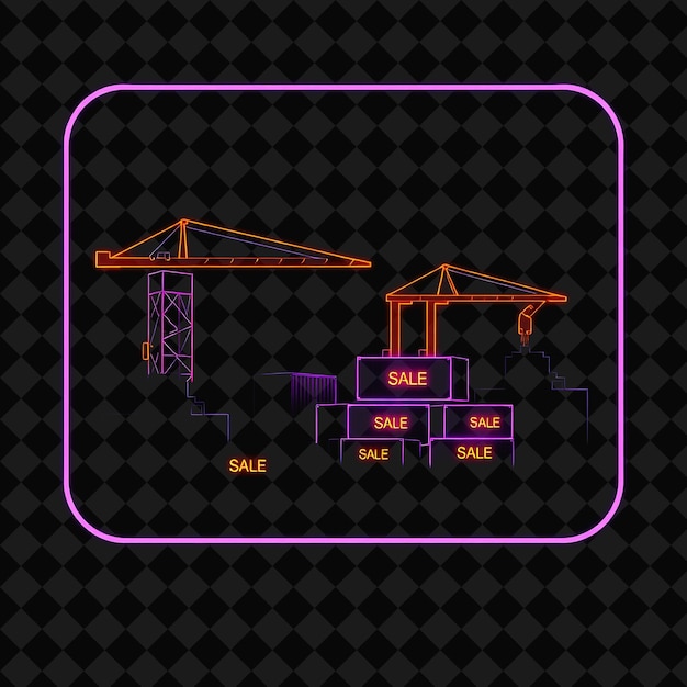 PSD glowing neon industrial yard in a silhouette rectangle with cranes outlined in neon and glowing con