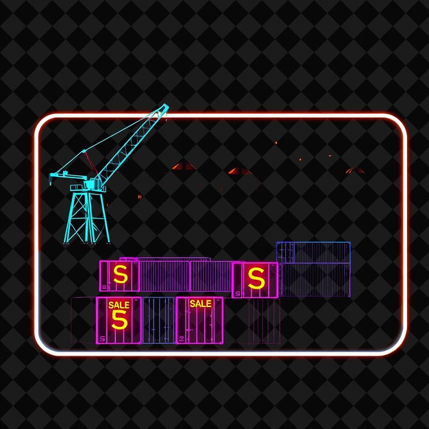 PSD glowing neon industrial yard in a silhouette rectangle with cranes outlined in neon and glowing con