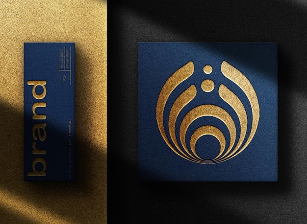 PSD gold embossed logo mockup blue box with black background