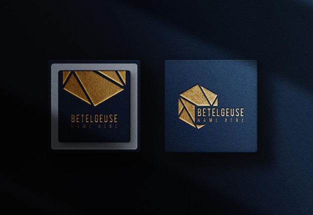 PSD gold foil embossed logo blue box card mockup