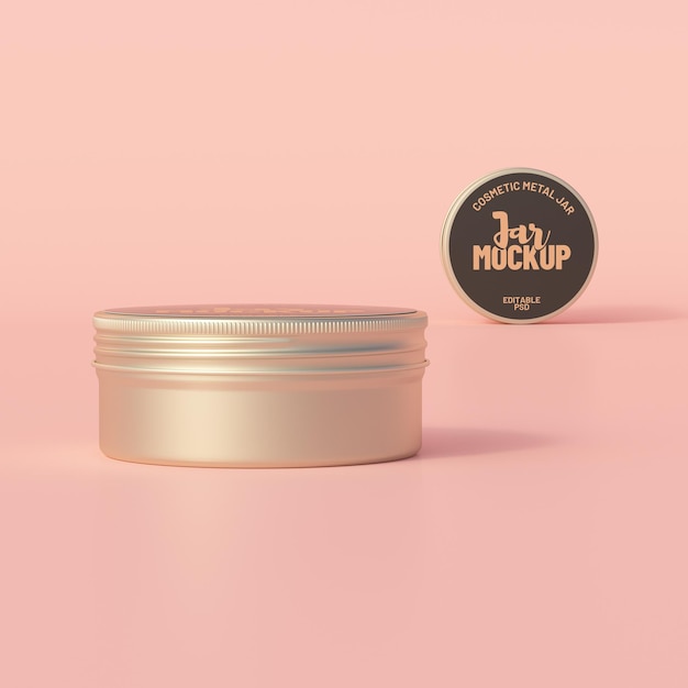 Gold metallic round tin editable cosmetic jar mockup 3d rendering