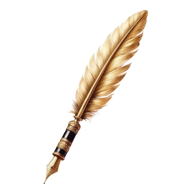 PSD gold pen with quill feather and metal tip hand drawn watercolor