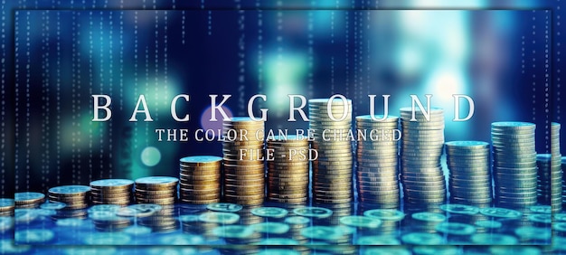 PSD golden coin stacks rising on a blue digital background