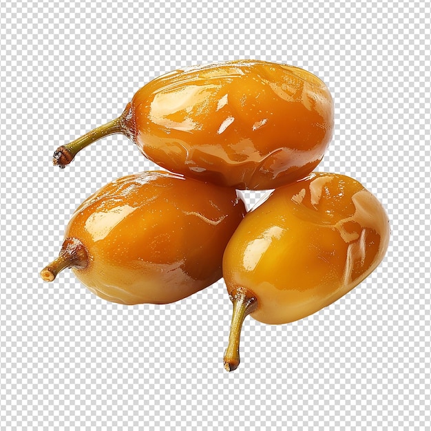 Golden dates in wooden bowl isolated on transparent background