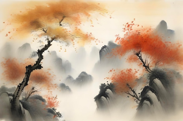 PSD golden sunlight illuminates fallen leaves in traditional chinese autumn landscape painting