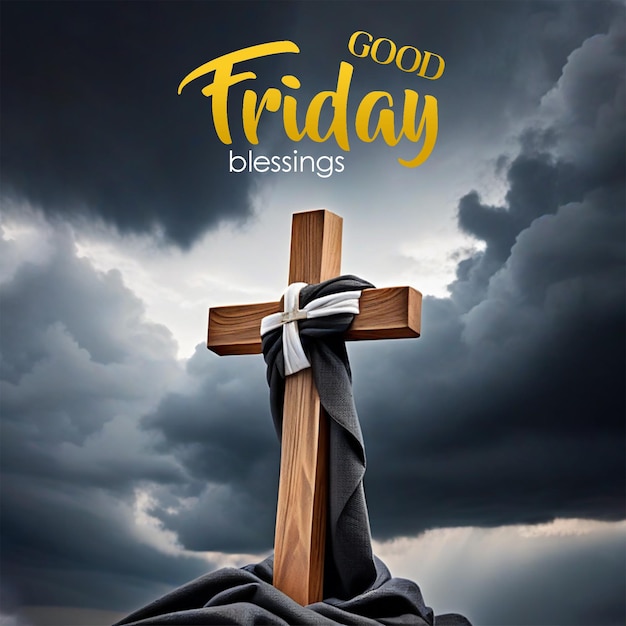 Good Friday concept wooden cross wrapped in mourning cloth on somber clouds background