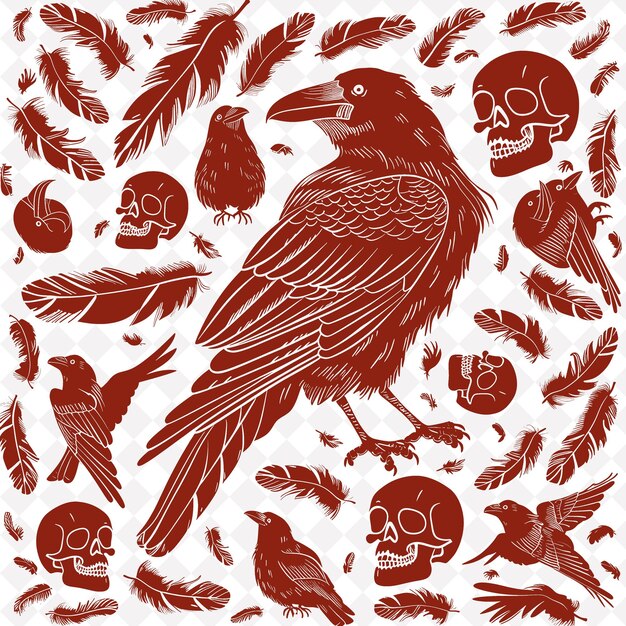 PSD gothic raven folk art z wzorem pióra i sku png outline frame na czystym tle kolekcja