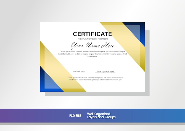 PSD gradient blue combination with gradient gold luxury certificate template