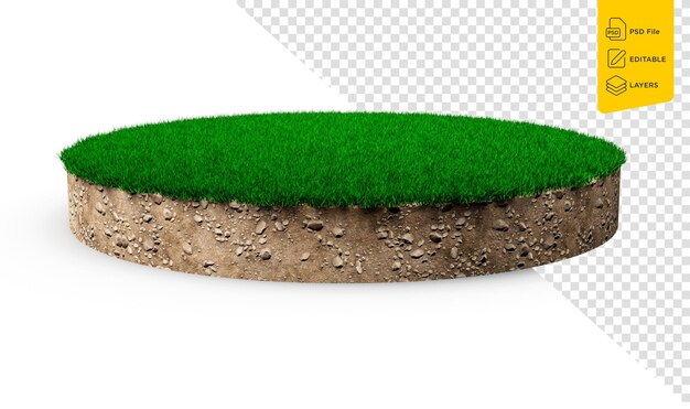 PSD grass circle isolated 3d illustration round soil ground cross section with earth land and green