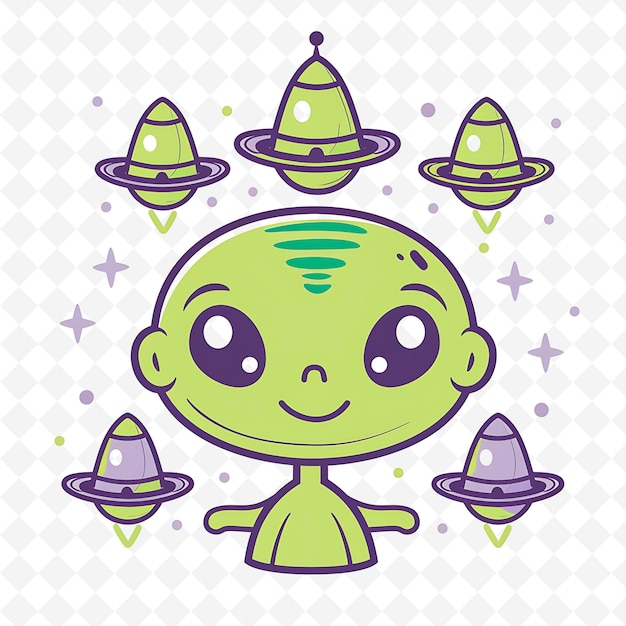 PSD a green alien with purple eyes and a green alien head with purple planets on the top