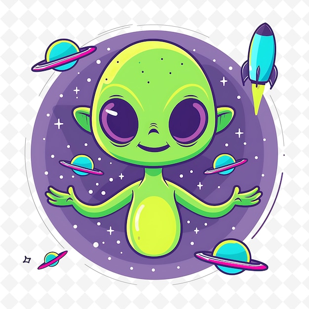 PSD a green alien with a spaceship and spacers on it