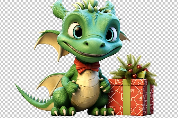 Green cute dragon in full size holding a box