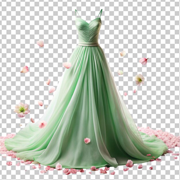 PSD green pastel evening gown with flowers and petal transparent background