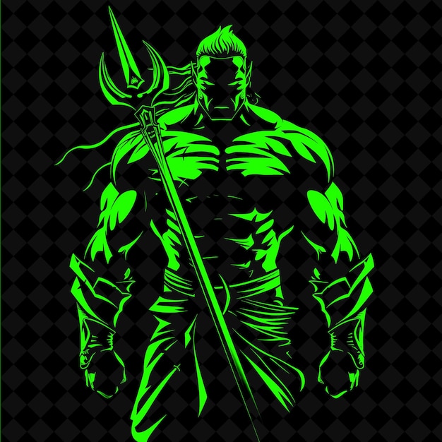 a green warrior with a sword and shield on a black background