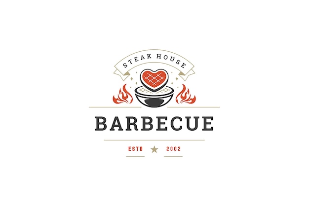 PSD grill barbecue art vintage logo design template meat steak heart shape cooking on fire flame