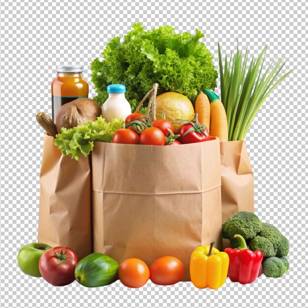 PSD grocery shopping in paper bag with vegetables isolated on transparent background