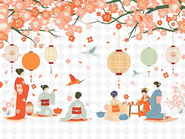 PSD group of people in traditional japanese attire for hanami fe flat illustration culture character