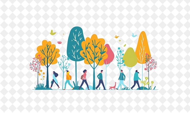 a group of people walking in a park with trees and birds