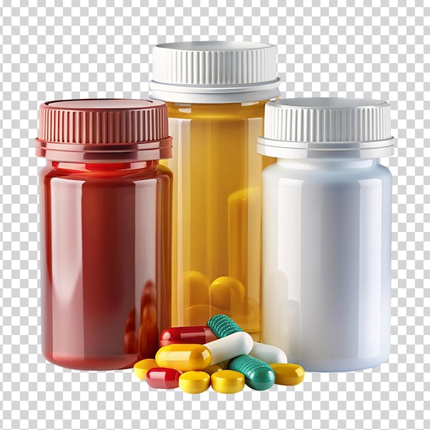 A group of pills and bottles of medicine on transparent background