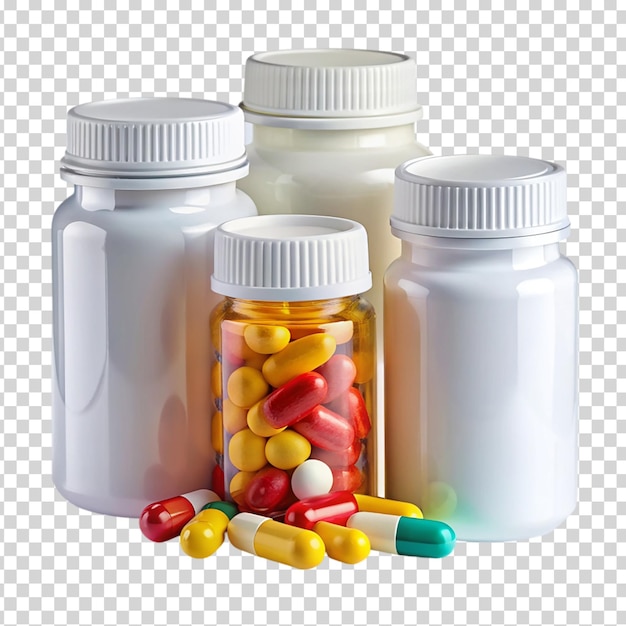 A group of pills and bottles of medicine on transparent background