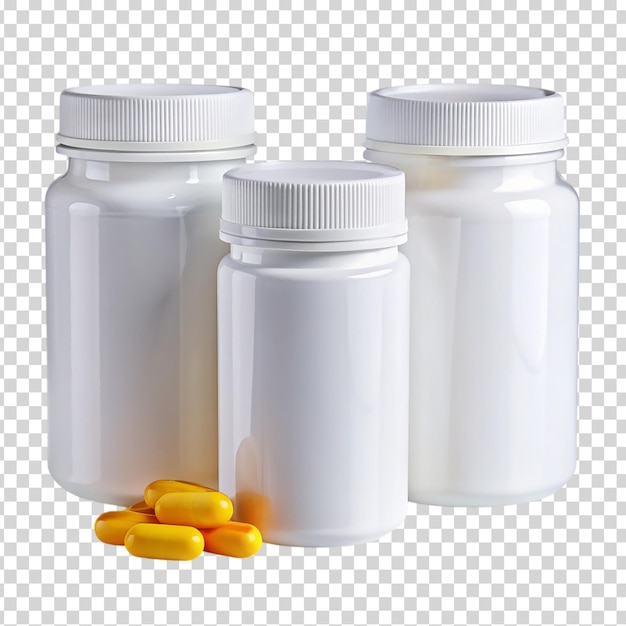 A group of pills and bottles of medicine on transparent background