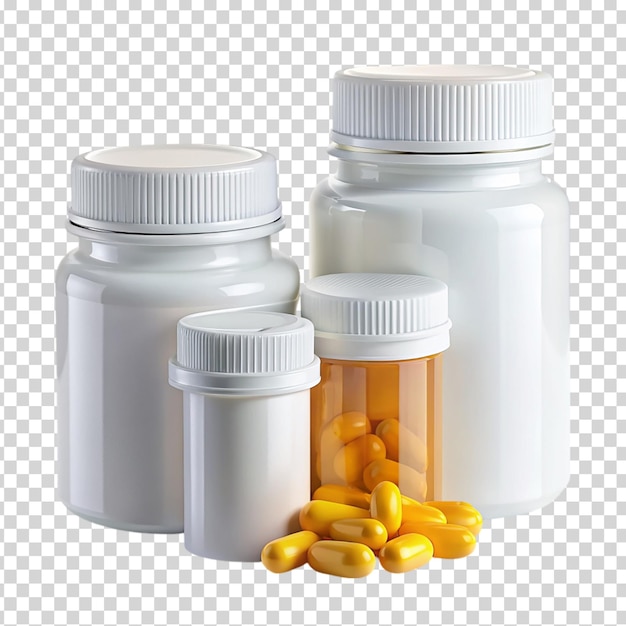 PSD a group of pills and bottles of medicine on transparent background