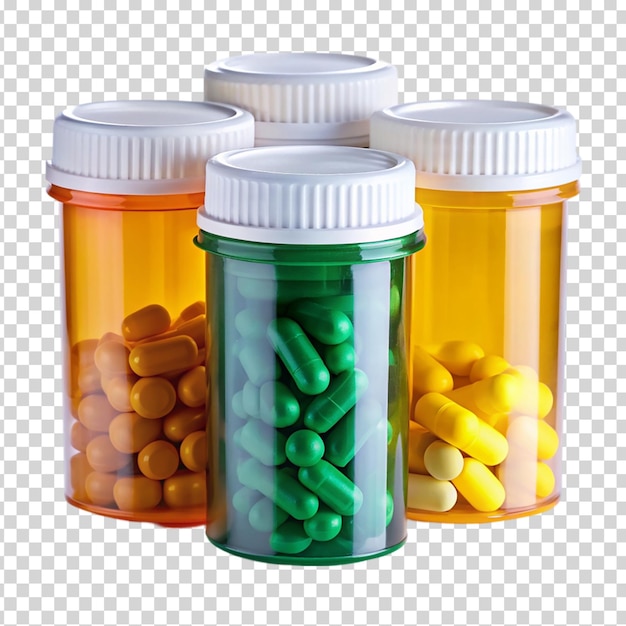 A group of pills and bottles of medicine on transparent background