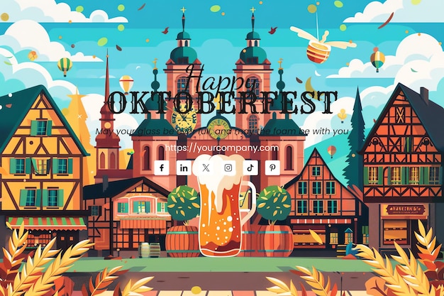 PSD gry festiwalowe piwa i bawarska architektura oraz kartka z pozdrowieniami dla browaru na oktoberfest