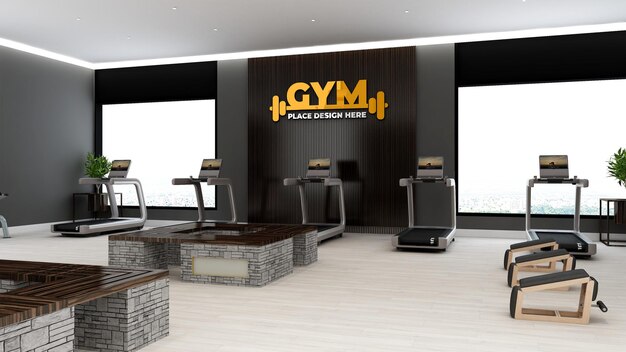 PSD gym logo mockup in the modern gym room with black wall decoration