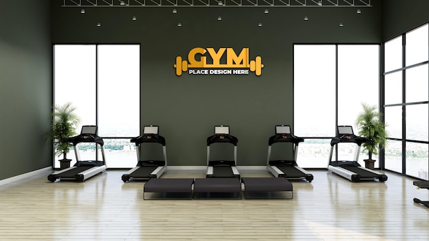 PSD gym logo mockup in the modern gym room