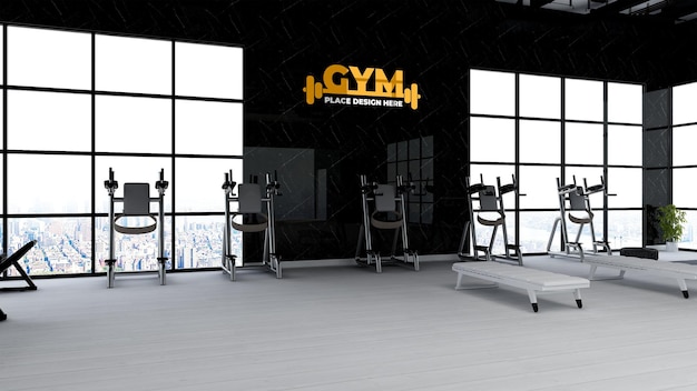 PSD gym wall logo mockup in the athlete fitness or gym room with black wall