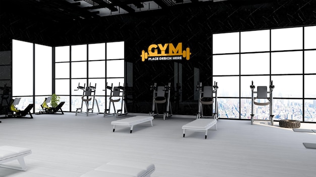 PSD gym wall logo mockup in the athlete fitness or gym room with black wall