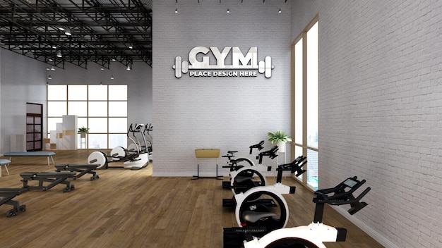 PSD gym wall logo mockup in the fitness room