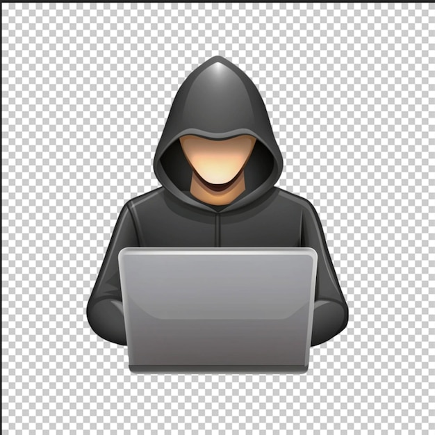 PSD hacker in hoodie and mask that hides his face works at laptop png isolated on transparent background