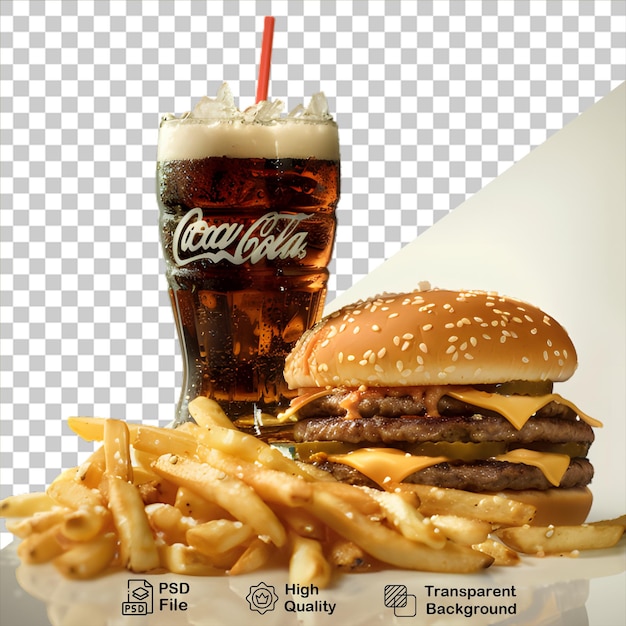 a hamburger and fries with a drink on transparent background