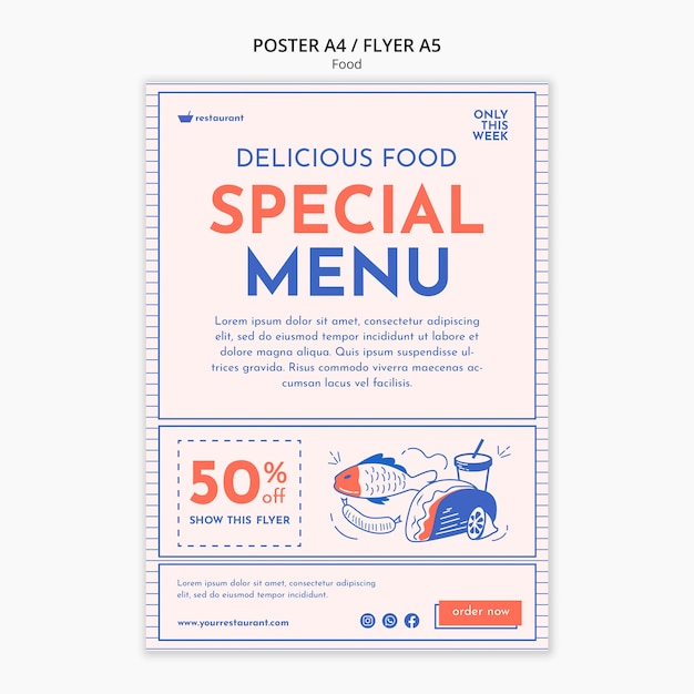 Hand drawn restaurant poster template with food