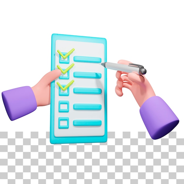 PSD hand hold pen with checklist document 3d illustration