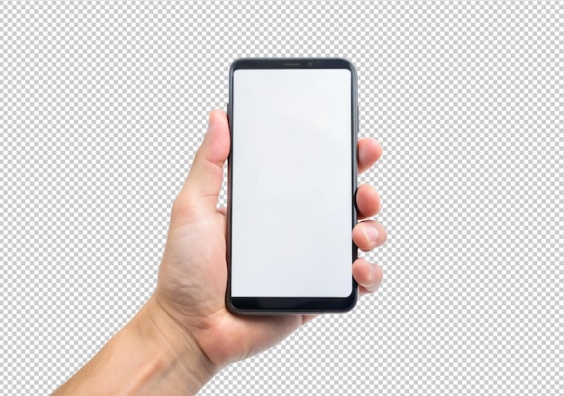 PSD hand holding blank phone screen front view isolated on transparent background