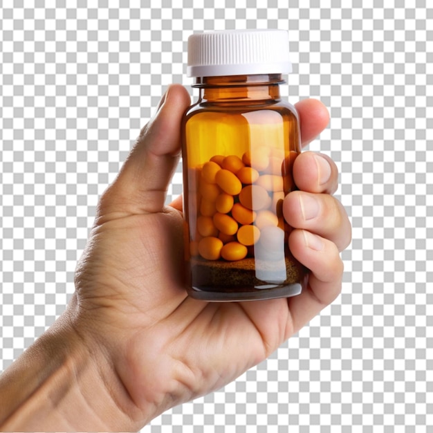 hand holding medicine bottle transparent background