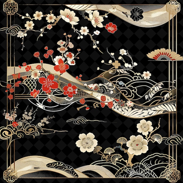 PSD hand painted lacquer with japanese motifs borderlines design png collage art collections