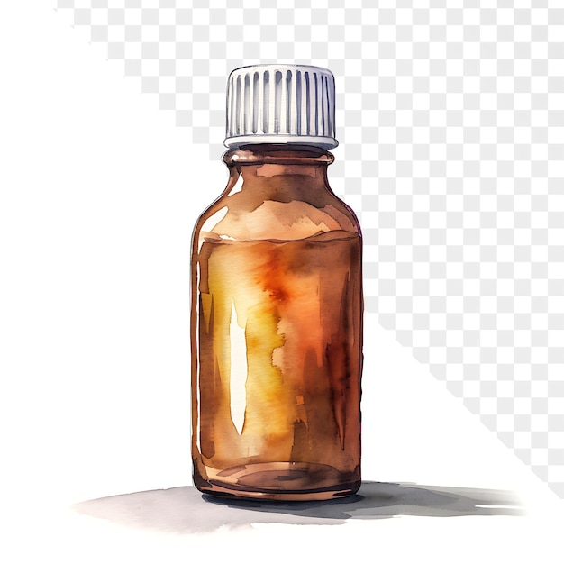 PSD handdrawn watercolor illustration of small brown bottle with cap