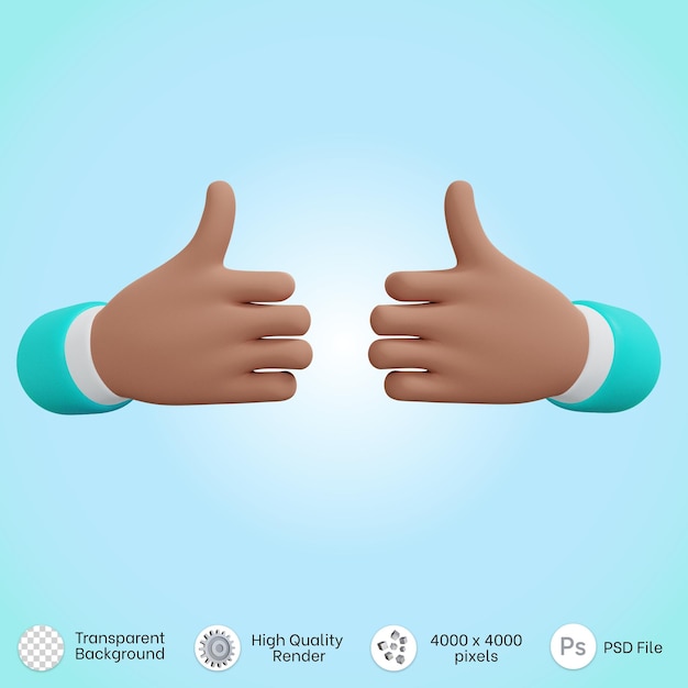 PSD hands posing thumbs up icon in 3d rendering