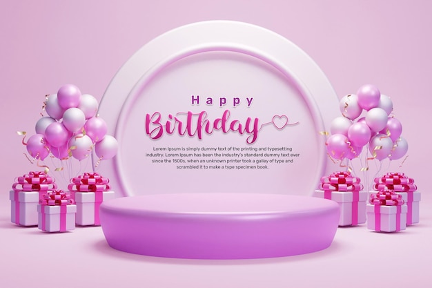 Happy birthday banner background design with realistic balloon giftbox and podium