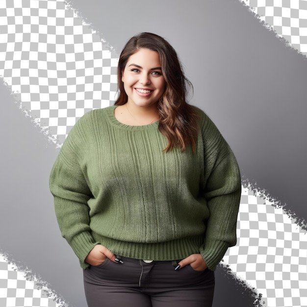 PSD happy confident plus size woman in green sweater hands crossed isolated on transparent background concept of body positivity